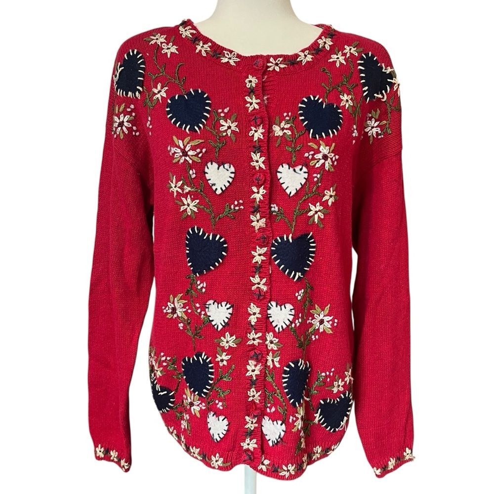 Tiara International Vintage Embroidered Knit Cardigan Floral Hearts Womens Small